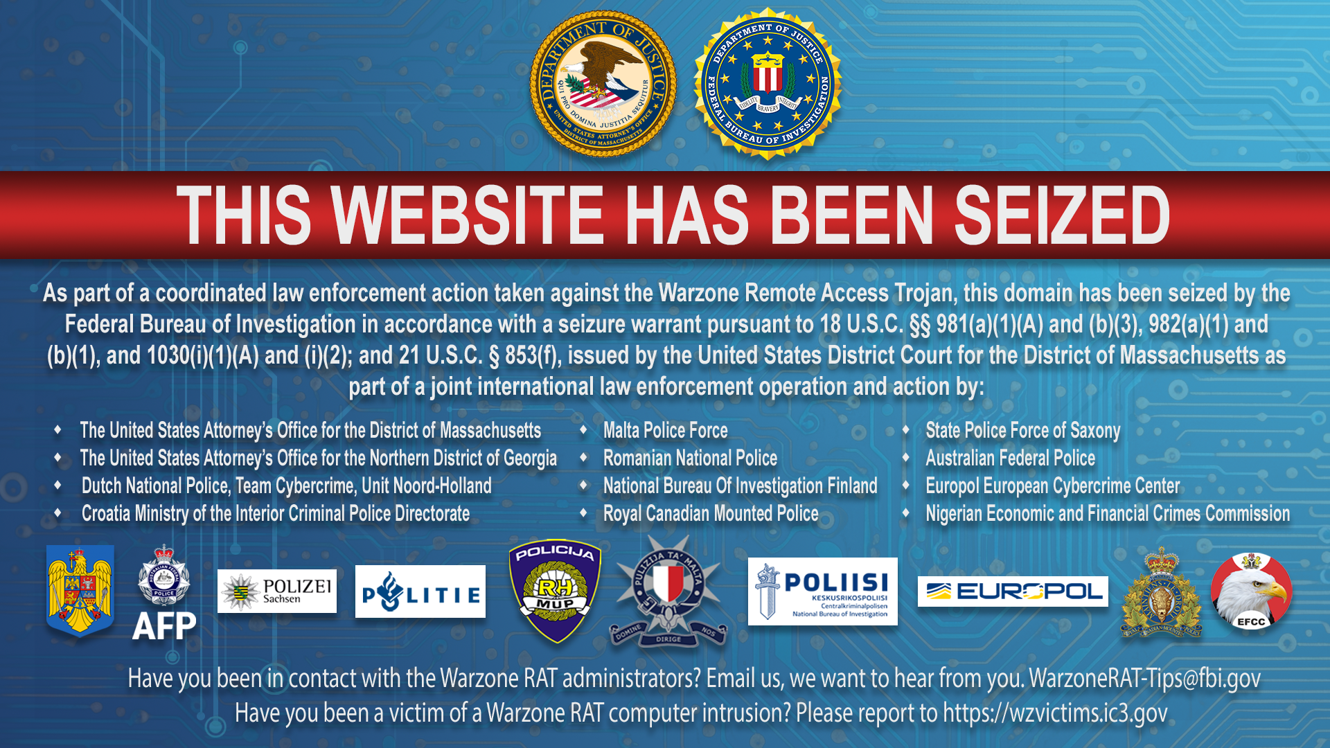 ABD Adalet Bakanlığı, “Warzone RAT” kötü amaçlı yazılımını satan web sitesini kapattığını duyurdu